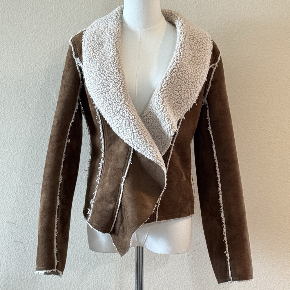 Sherpa Faux Suede Waterfall Jacket Brown Cozy Western Ranch Small